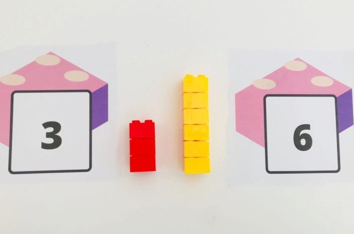 Comparing and ordering numbers with lego brick fun maths activity - learn the greater and lesser than signs and count out numbers