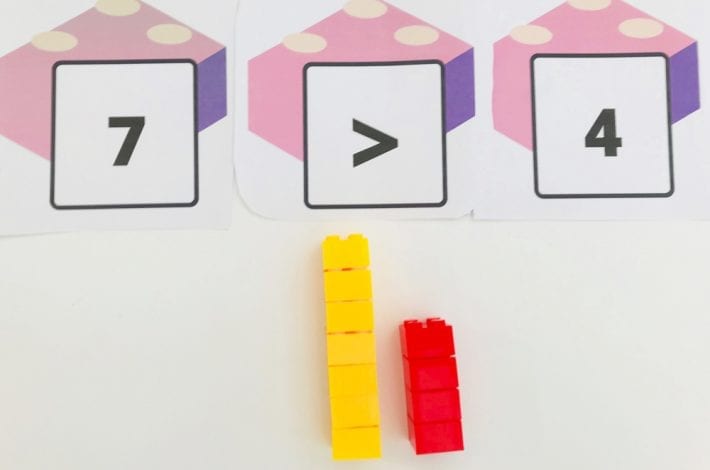 Comparing and ordering numbers with lego brick fun maths activity - learn the greater and lesser than signs and count out numbers