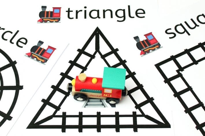 Learn first shapes with these clickety clack train track printables for early years - great shapes activity