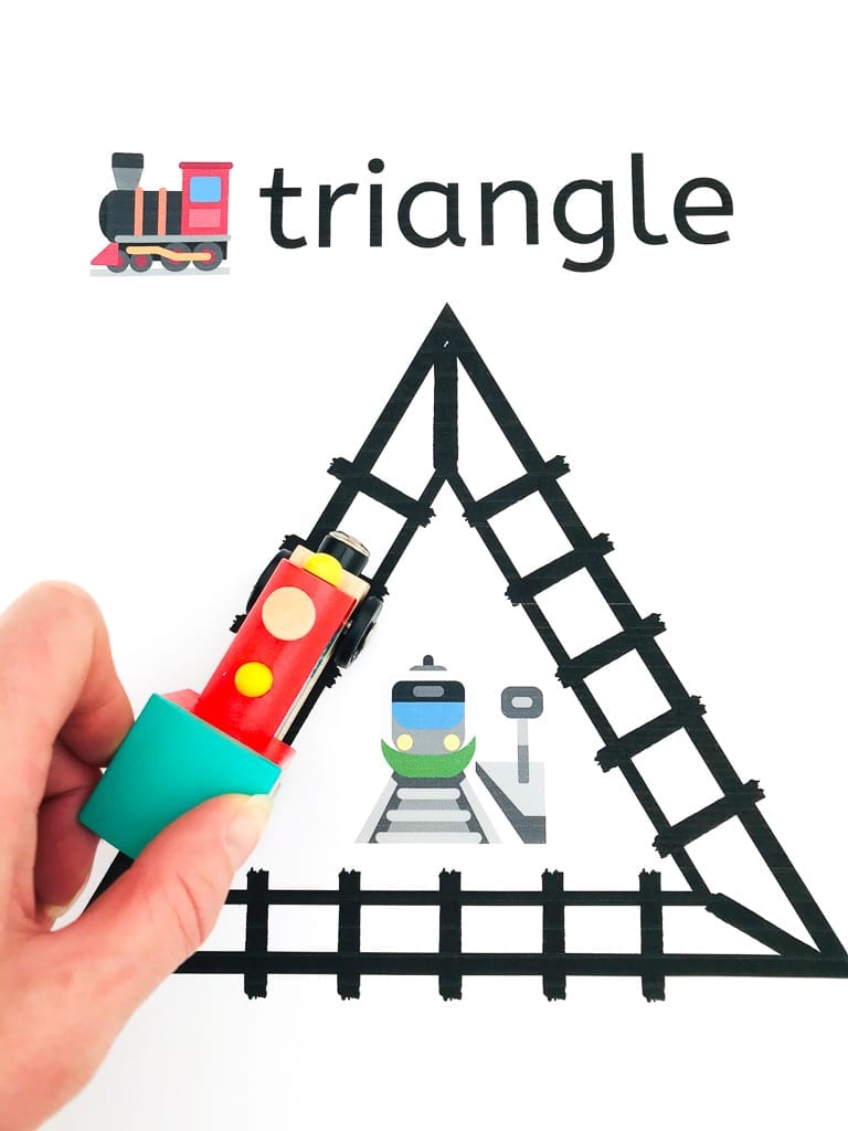 Learn first shapes with these clickety clack train track printables for early years - great shapes activity