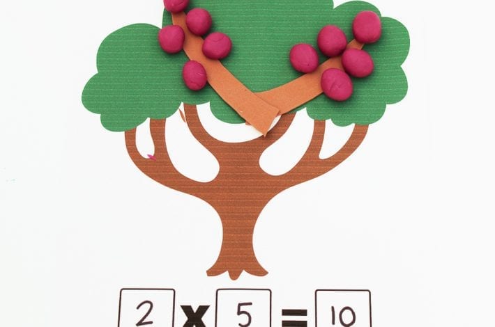 Multiplication activity with playdough and playdough fruits