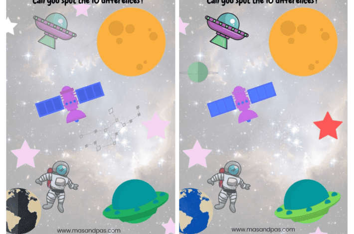 Space activity pack - activity booklet for preschoolers - spot the difference