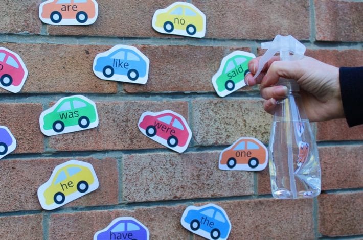 Tricky word game with cars - shoot cars with water to learn how to spell and read tricky words