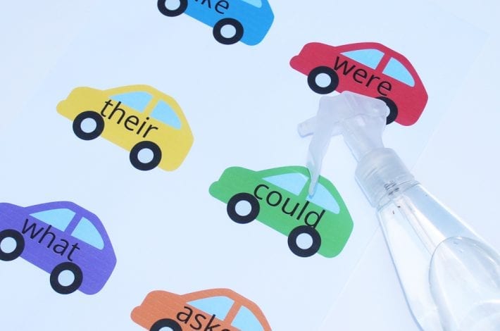 Tricky word game with cars - shoot cars with water to learn how to spell and read tricky words