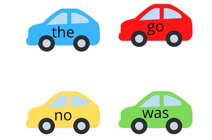 Tricky word game with cars - shoot cars with water to learn how to spell and read tricky words