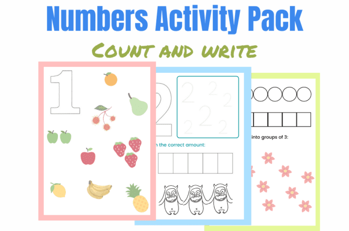 Count and write worksheets - learn first numbers with this activity pack for early years
